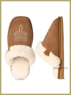 Fuzzy Western Cowboy Boot Slippers Square Toe Faux Fur Women